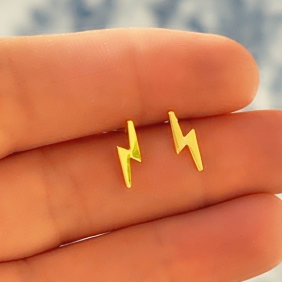 14k Gold Studs Thunderbolt Earrings 11mm - Picture 3 of 9